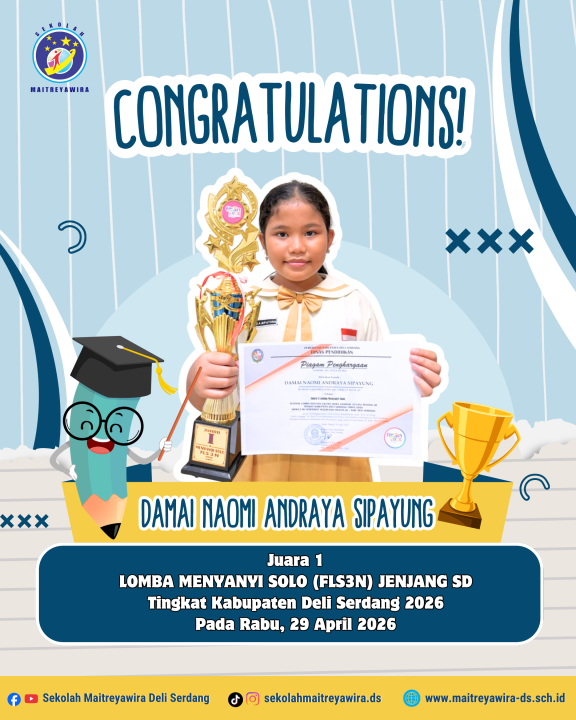 Prestasi Peserta Didik - Juara 1 Lomba Menyanyi Solo (FLS3N)  Jenjang SD Tingkat Kabupaten Deli Serdang 2026 Pada Rabu, 29 April 2026